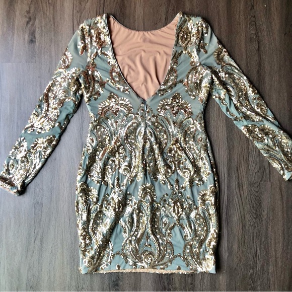 Dress the Population Lola Mini Dress Size L Grey/Green Gold Sequin NWT Mermaid - Picture 8 of 16